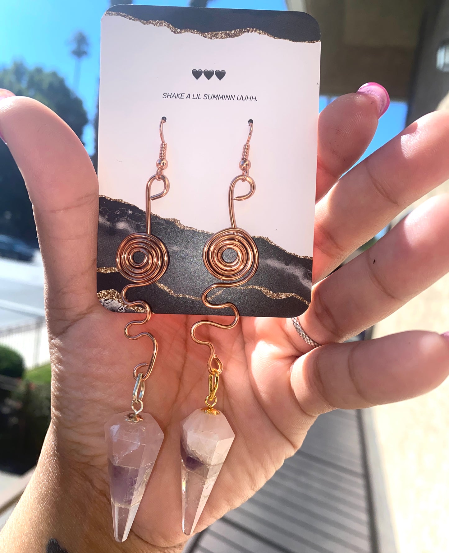 AMETHYST ROSE N' CLEAR QUARTZ DROP EARRINGS (COPPER)