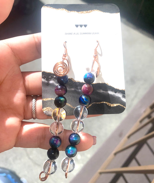 CLEAR QUARTZ N' RAINBOW OBSIDIAN DROP SWIRLS (COPPER EARRINGS)