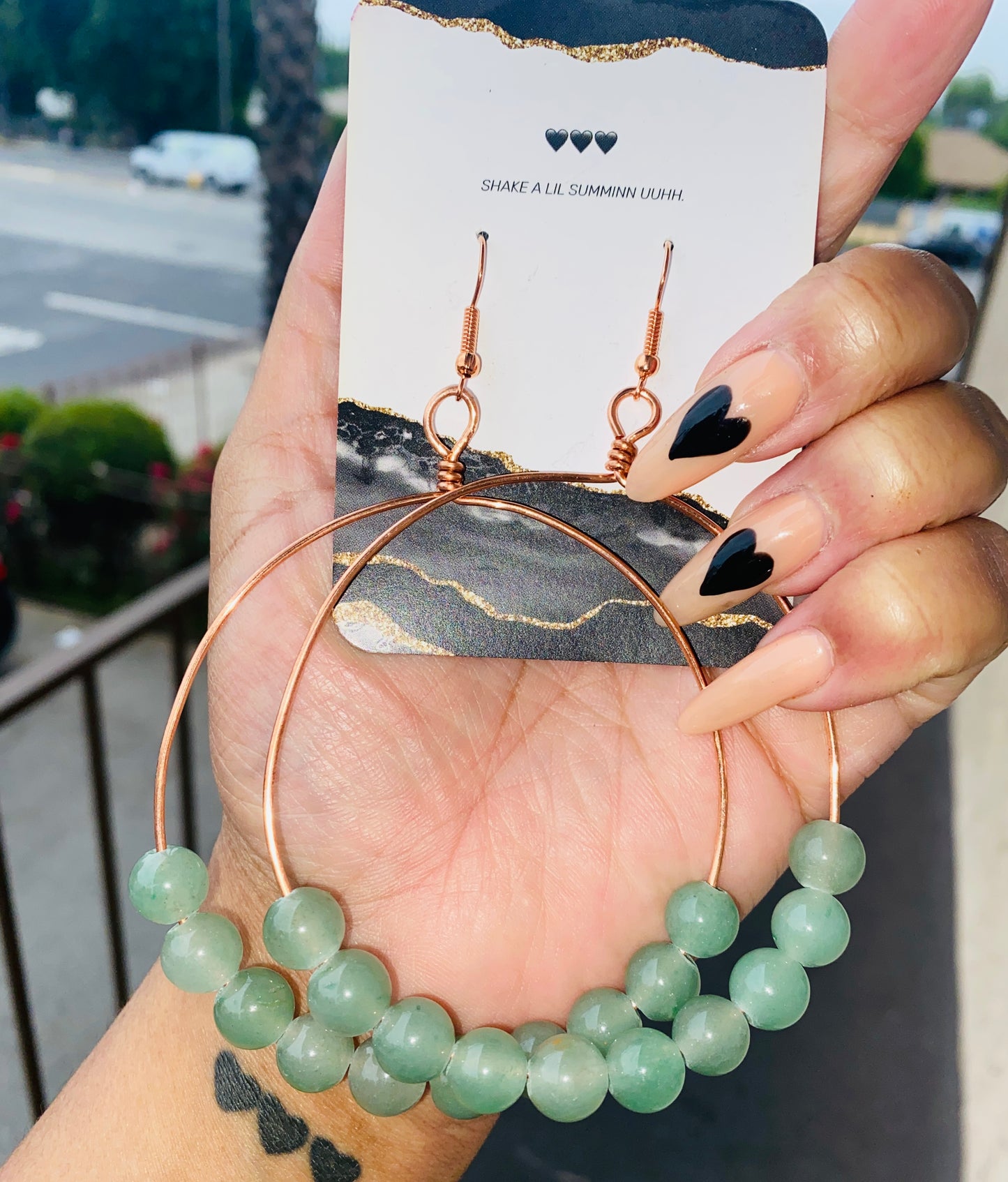 GREEN AVENTURINE HOOPS (COPPER EARRINGS)