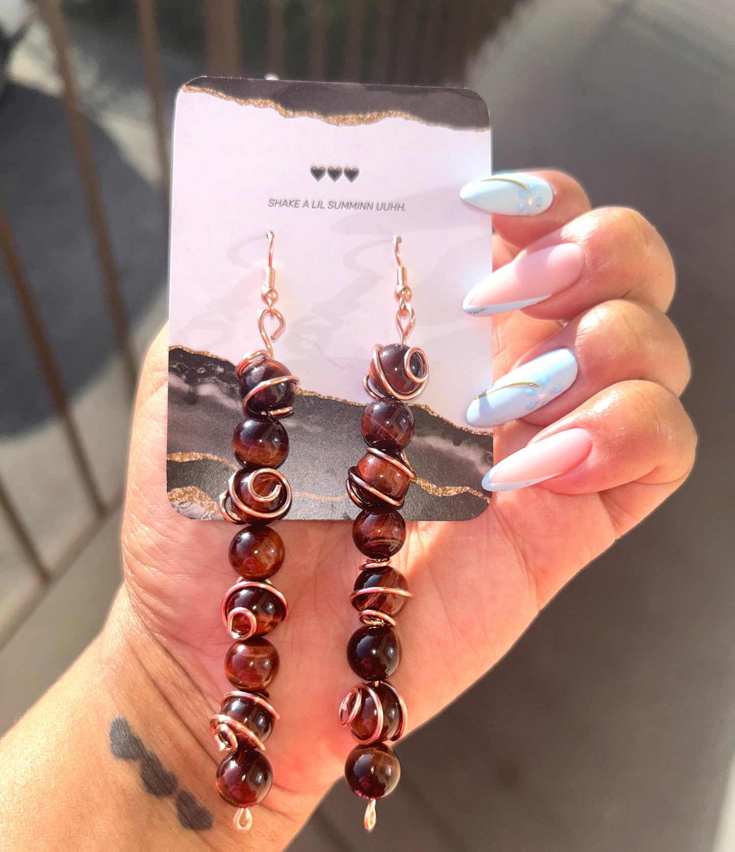 RED TIGERS EYE COPPER DROP EARRINGS