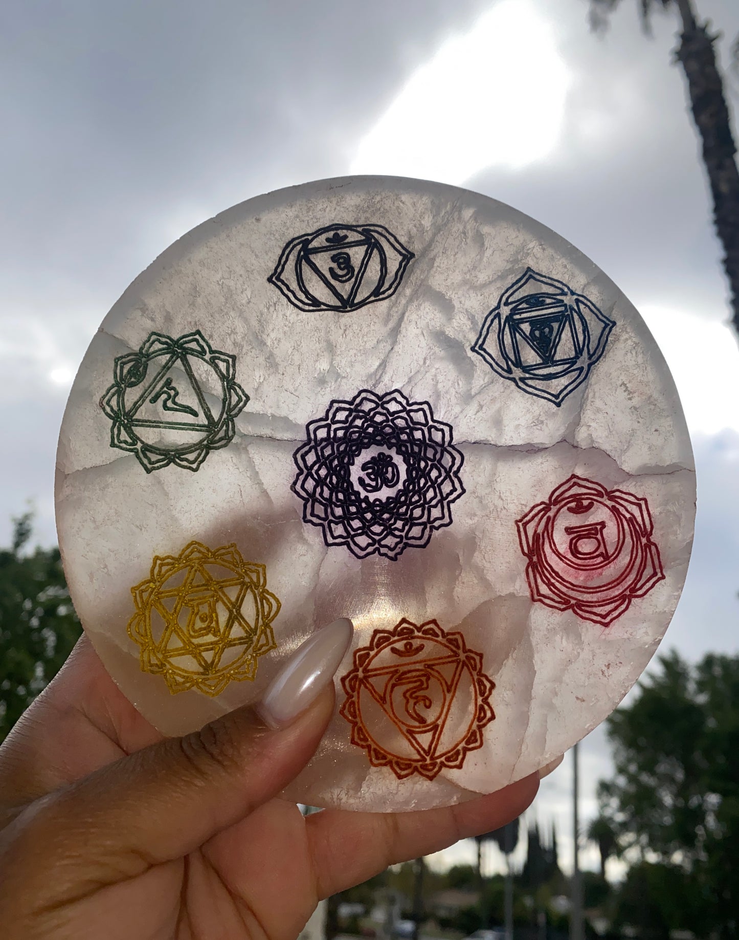 SELENITE POWER PLATE (CHAKRA CARVED)