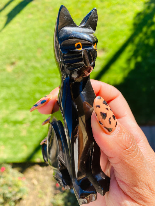 ALL BLACK ONYX CAT HAND CARVED